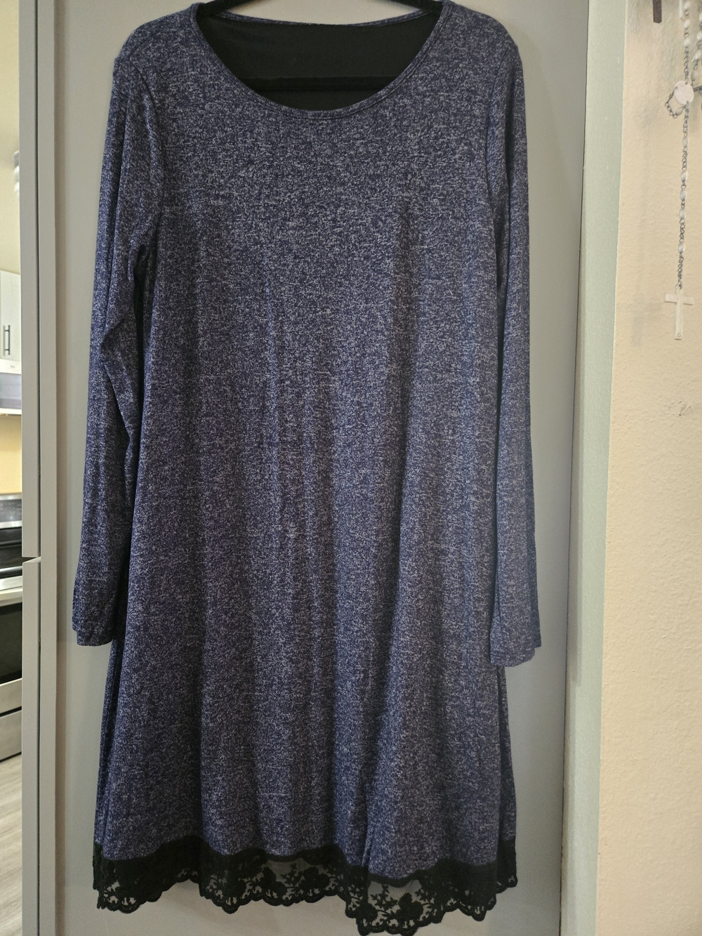Long-Sleeve Navy Swing Dress with Lace Hem